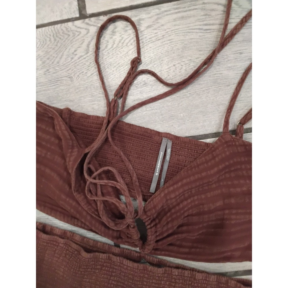Anthropologie Brown Textured Gauze 2 Piece Set Crop Top Tiered Mini Skirt Medium - Picture 3 of 6